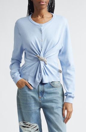 Area Crystal Knot Cotton & Cashmere Cardigan in Powder Blue at Nordstrom, Size Medium