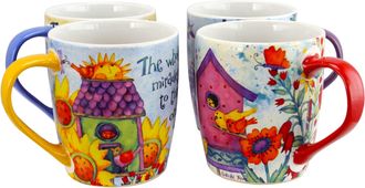 Gibson Home Birdhouse Floral 18 oz Cup Set, Set of 4 Assorted Designs