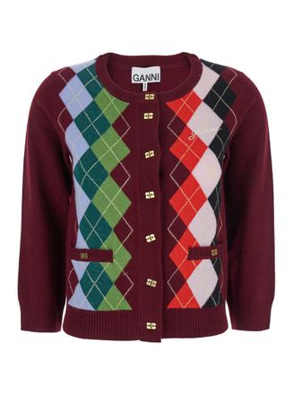 Ganni Multicolor Crewneck Cardigan With Jewel Buttons And Gemetric Motif On The Front In Wool And Cashmere Woman