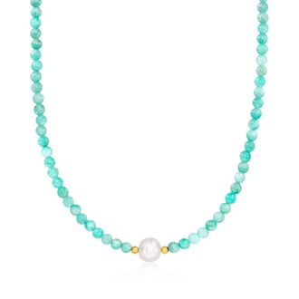 Ross-Simons 8.5-9mm Cultured Pearl and 4-4.5mm Amazonite Bead Necklace With 18kt Gold Over Sterling