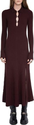 Zadig&Voltaire Lysasa Crystal Button Long Sleeve Merino Wool Blend Sweater Dress in Burgundy at Nordstrom, Size X-Small Regular
