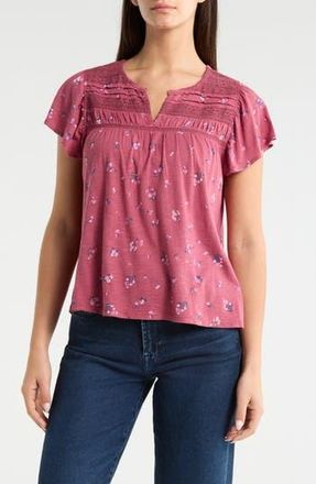 Lucky Brand Floral Flutter Sleeve Cotton Blend Top in Berry Floral at Nordstrom Rack, Size X-Small