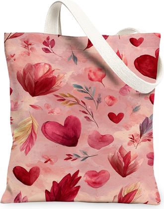 Generic ValentineS Day Floral Canvas Tote Bags, Heart Pattern Reusable Grocery Bags, Lightweight Washable Shoulder Strap Canvas Fo, Peach, 13x15 Inch