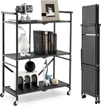 Costway Estanter&iacute;as Plegables Con Ruedas, Estante De Metal Resistente De 3 Niveles Con 2 Ruedas Bloqueables, F&aacute;cil De Plegar, Estante De Alambre De Metal M&oacute;vi