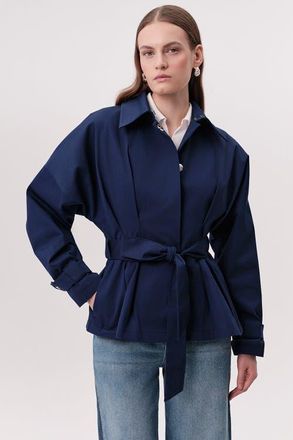 Exquise Kelly Notched Collar Pleated Belted Trench Coat in Navy at Nordstrom, Size X-Large