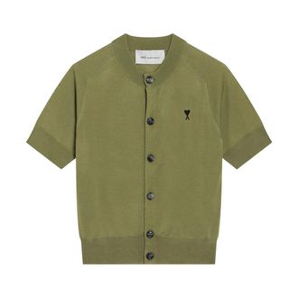 Ami Cardigans, male, Green, Size: S Quota SS Crewneck Cardigan with Contra