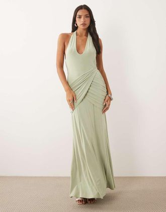 Asos Vestito lungo sinuoso verde salvia con scollo profondo e drappeggio arricciato