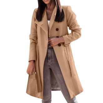 Generic Womens Fleece Jackets Ladies Lightweight Warm Coat Womens Double Breasted Coat Winter Mid Long Trench Coat With Belt Womens Jackets (Khaki, M)