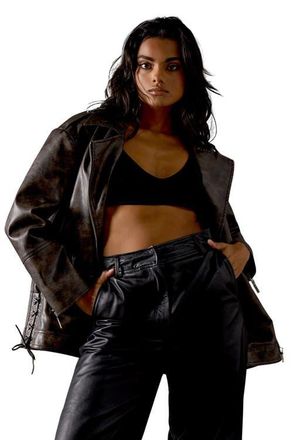 Warehouse Oversized Whipstitch Leather Look Jacket in Dark Grey at Nordstrom, Size 12