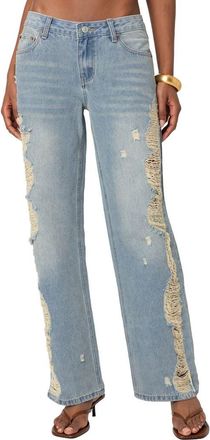 Edikted Distressed Side Washed Wide Leg Jeans in Light-Blue at Nordstrom, Size X-Small