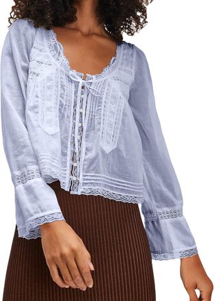 Generic Womens Vintage Linen Tshirt Lace Tie Front Y2k Long Sleeve Button Up Loose Fit Lacing Cardigan Vintage Elegant Casual Baggy Button Down Flowy Boho Goi