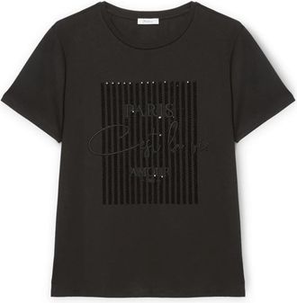 Motivi T-shirt met pailletten en geborduurd opschrift - Dames - T-shirts - Zwart - XS - Pailletten - Tops