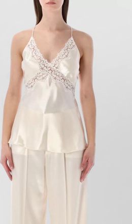 Alberta Ferretti satin lace-trim v-neck tank top