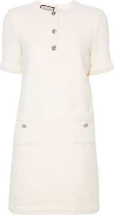 Gucci Witte Wol Tweed Jurk met CC Logo - Dames - Korte kleedjes - Wit - M - Wol - Kleedjes
