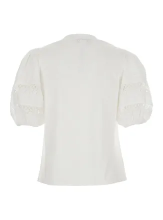 Twinset Womens T-Shirt With Embroidered Sleeves - White Cotton T-Shirts & Jerseys
