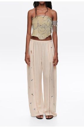 Bimba & Lola Wide Linen Trousers With Lace And Embroidery in Sand at Nordstrom, Size X-Small Eu