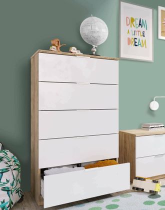 Dmora C&oacute;moda Dhvali, Semanal Con 5 Cajones, Tocador Para Dormitorio, Semanario Moderno, 60x40h110 Cm, Roble Y Blanco - Dmora