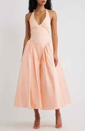 House of CB Marilyn Halter Stretch Cotton Midi Sundress in Peach at Nordstrom, Size X-Small