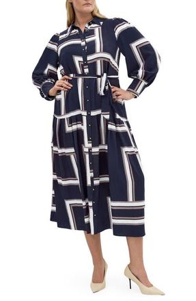 City Chic Kinsley Tie Waist Long Sleeve Shirtdress in Sleek Stripes at Nordstrom, Size Xl
