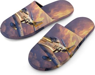 Generic Military Aircraft Fighter Wwii P-51 Airplane Mens Slippers Warm Non-Slip Houes Shose Spa Slipper for Home Bedroom