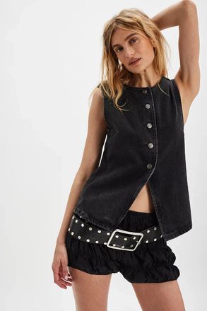 Free People We The Free Aimee Vest Womens Black Denim Button Front DDR2637