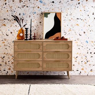 Sweeek Wood & Rounded Cane Chest Of Drawers 6 Drawers in Light Brown
