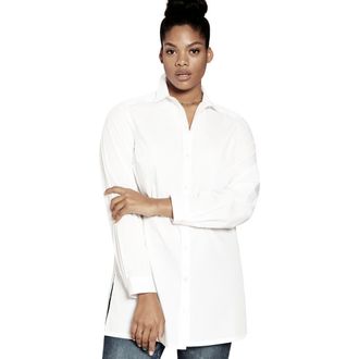 Roaman's Kate Long-Sleeve Crisp Cotton-Blend Button-Front Tunic in White at Nordstrom, Size 38