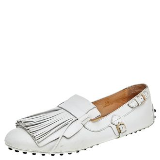 Tod's Tods White Leather Fringe Slip On Loafers