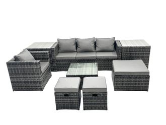 Fimous 7 Seater Patio Lounge Sofa Set with 2 Side Tables 3 Footstools in Dark Grey