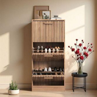 OEM Mueble Para Zapatos - Madera De Mimbre - Antivuelco - 20 Pares - 113x60x24 Cm - Marr&oacute;n Claro