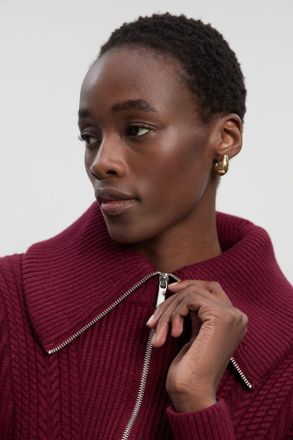 Karen Millen Womens Cable Knit Balloon Sleeve Peplum Zip Through Cardigan - Burgundy Viscose - Size X-Small