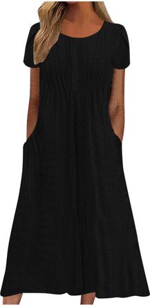 Generic Summer Dresses for Women UK Crew Neck Short Sleeve Dress with Pockets Solid Color Loose Dresses Ladies Casual Long Dresses Baggy Midi Dress Boho Beach