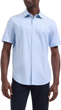 Bugatchi Miles OoohCotton Watercolor Leaf Print Short Sleeve Button-Up Shirt in Vista Blue at Nordstrom, Size Xx-Large