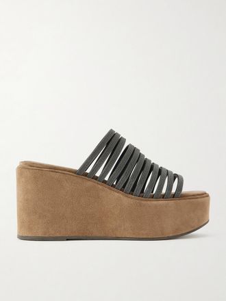 Brunello Cucinelli Mule In Camoscio Con Perline E Zeppa - Nero