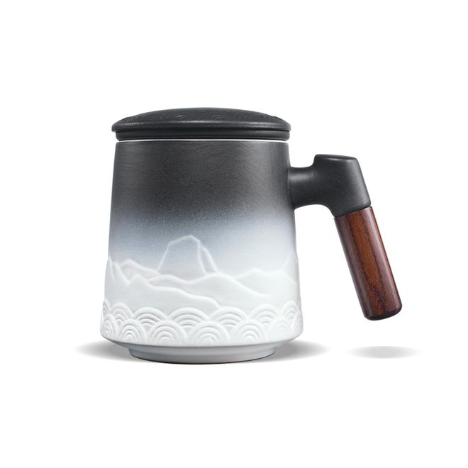 Zens Teetasse mit Deckel und Sieb, 500ml Große Holzgriff Teebecher mit Gradienten Geprägtem Muster, Matte Keramik Teetassen mit Teesieb für Tee Geschenke, ab 26,99 €
