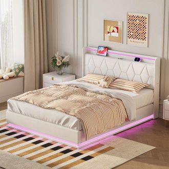 OEM Cama Con Cofre Doble 160x200 Cm - Terciopelo Blanco - Led 3 Lados - Puerto Usb Integrado - Somier De Lamas, Cofre 300kg