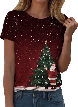 Generic Womens Christmas Top Christmas Graphic Tops Snowman Print Xmas Wine Glass Tops Short Sleeve Round Neck T-Shirt Women Novelty Christmas T-Shirts Family