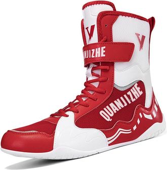 Generic Non-Slip Wrestling Boxing Shoes for Men High Top Wrestling Fitness Boots Lightweight Breathable Weightlifting Footwear,Red,9.5 UK