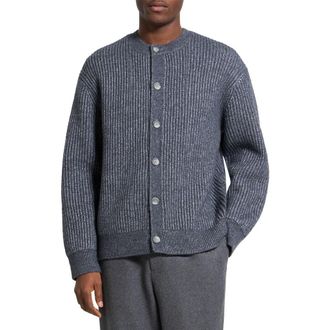 Theory Oversize Ribbed Wool & Cotton Crewneck Cardigan in Grey Melange at Nordstrom Rack, Size Medium