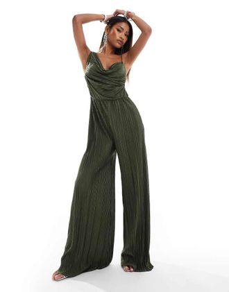 Asos plisse asymmetric drape cami jumpsuit in khaki-Green
