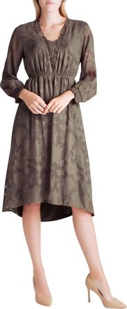 Kensie Smocked Delicate Burn Out Long Sleeve Midi Dress In Brown