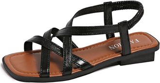 Generic Womens Fashion Square Open Toe Flat Sandals Slip On Comfort Lightweight Casual Summer Roman Beach Shoes (5.5,Black)