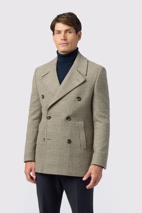 Melka Mens Slim Fit Taupe Check Peacoat - Beige - Size 52 Regular