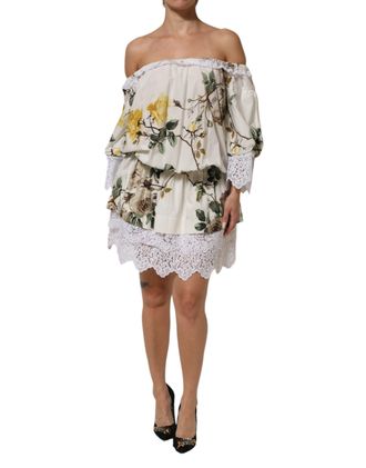 Dolce & Gabbana White Floral Lace Off Shoulder Mini Womens Dress