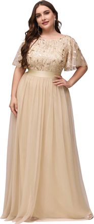 Ever-pretty Womens Short Sleeve Embroidery Empire Waist A Line Floor Length Elegant Long Formal Formal Evening Dresses Gold 26UK