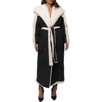JLUXLABEL Quilted Longline Coat with High Pile Fleece Lining in Black at Nordstrom, Size Large