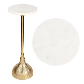 Jonathan Y Designs Ava 23.75 Art Deco Contemporary Metal Pedestal Drink Table and Decorative End Table with White Marble Round Top and Hammered Base in Gold
