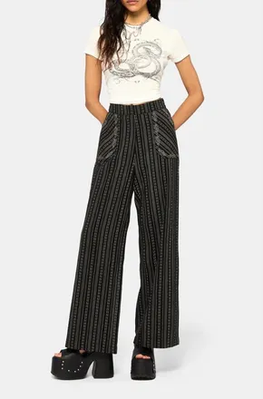 Disturbia Tate Stripe Wide Leg Trousers in Black at Nordstrom, Size 10