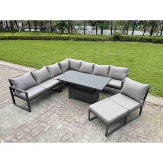 Fimous ALuminum 8 Piece Patio Set with Lifting Table, Cushions & Footstool in Dark Grey