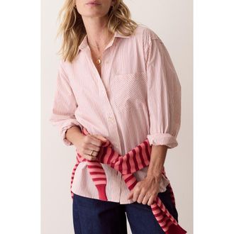 Marine Layer Jane Relaxed Pinstripe Pima Cotton Shirt in Crimson Pinstripe at Nordstrom, Size X-Small